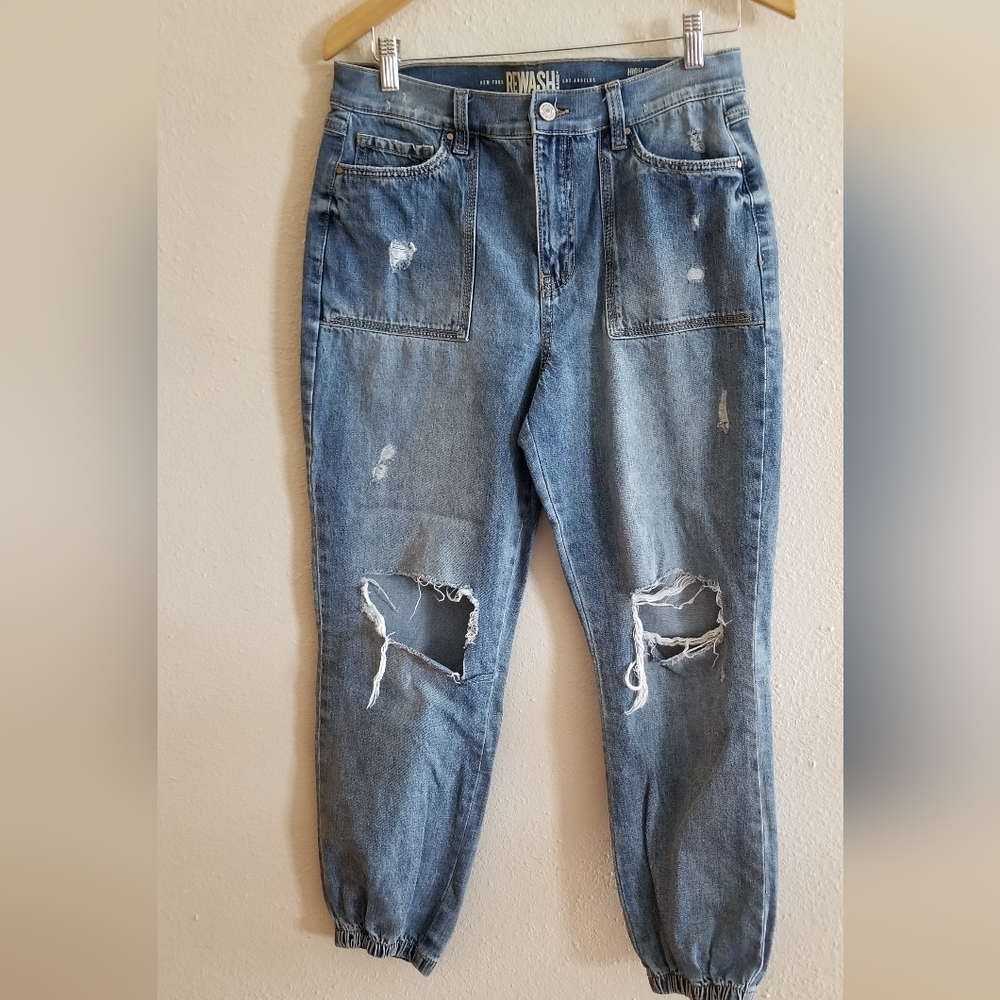 Rewash Brand womens High Rise Jogger Vintage Reunion distressed denim je…